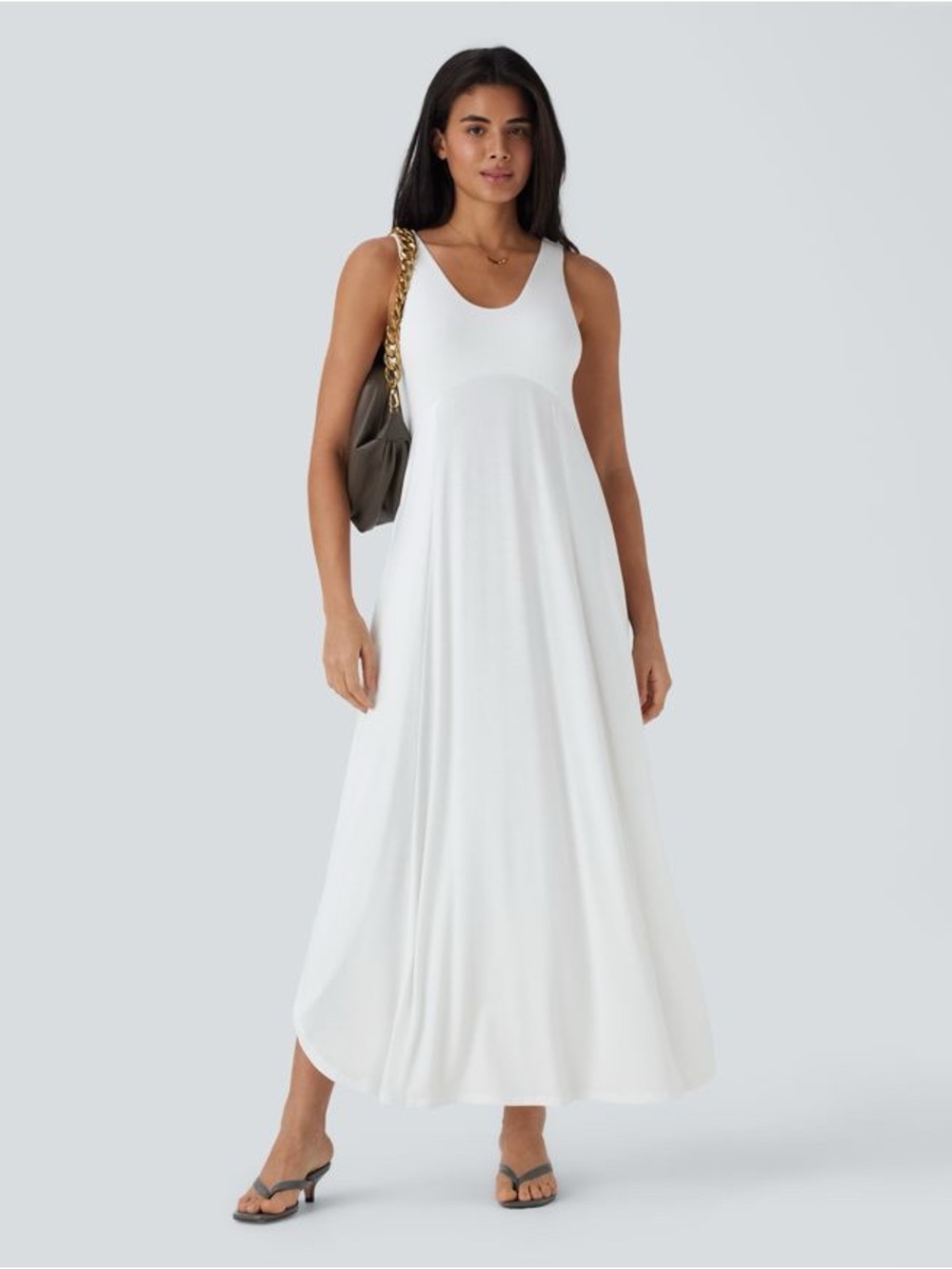 NWT Halara U Neck Backless Split Flowy Maxi Casual Tank Dress White Size Large